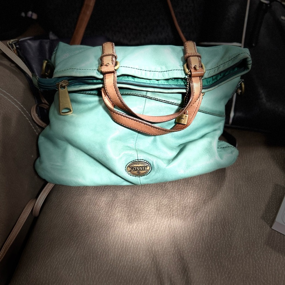 Vintage Fossil Green and Tan Shoulder Bag with Leather Accents